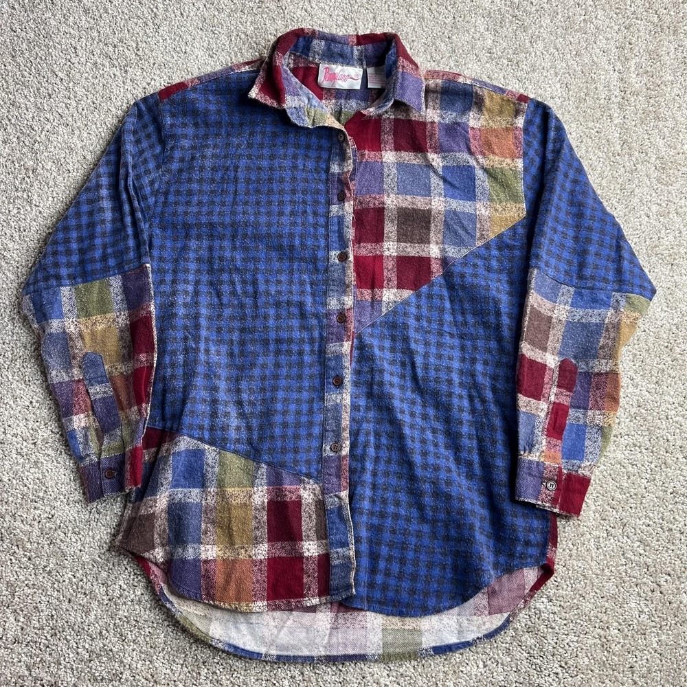 Vintage Pennylane Flannel Womens Medium Patchwork Plaid Long Sleeve Button Up